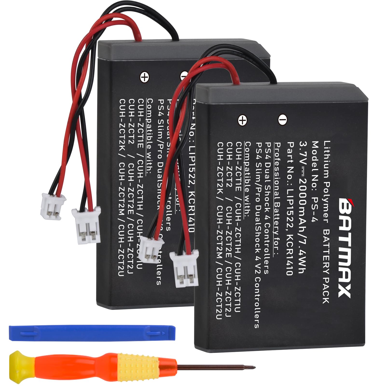Batmax 2pc 2000mah Lip1522 KCR1410 Akku kompatibel mit Sony PlayStation 4 PS4 Dualshock Controller, Sony PlayStation 4 Slim/pro Dualshock 4 V2 Controller CUH-ZCT2, CUH-ZCT2U CUH-ZCT1E, CUH-ZCT1U