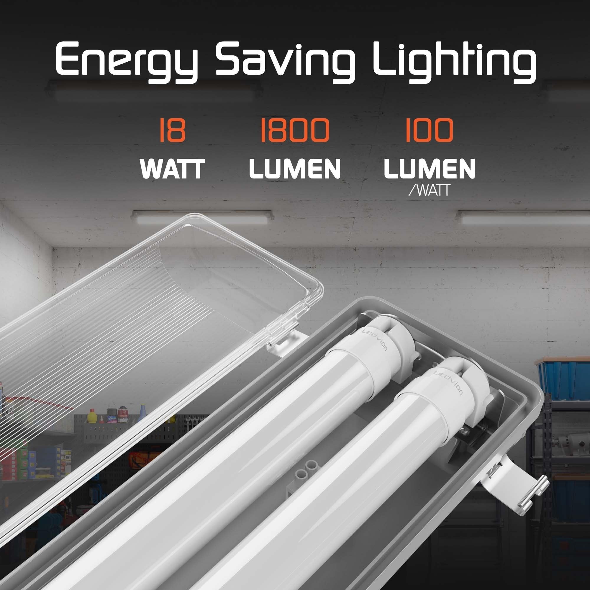 Ledvion - 1 pieza, pantalla estanca, 60cm, IP65, 9W, 100 lm/W, Blanco frío, 6500K, para 2 tubos LED, lámpara de techo para garaje, de bodega, tubo led, almacén
