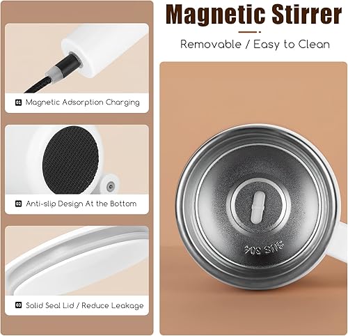 Miniatura 5 de Taza de café autoagitable, recargable, magnética, automezclable, con 2 barras de agitación, taza mezcladora automática de acero inoxidable de 13