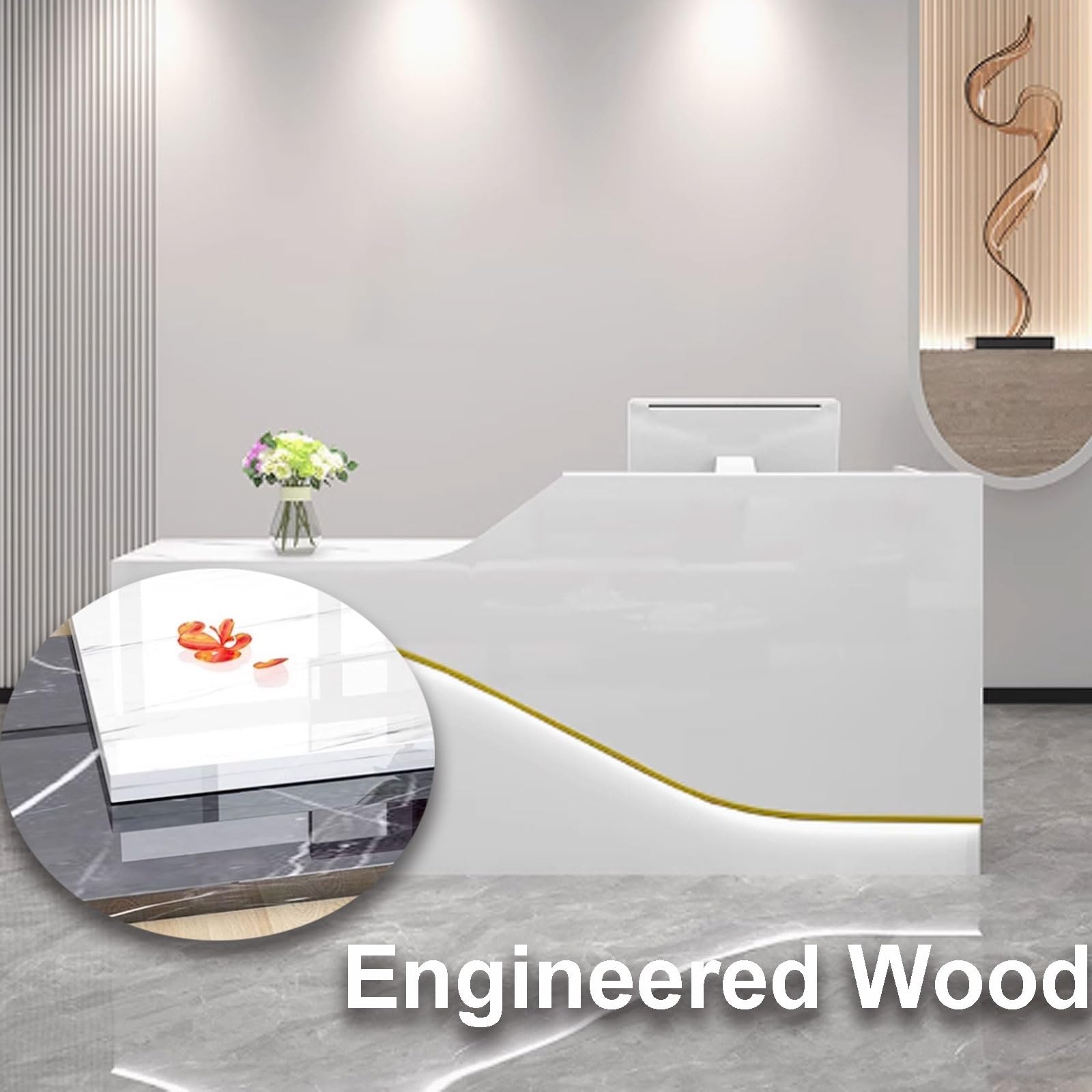 Empfangstresen für Praxis, Reception Desk Salon, Empfangstheke Tresen Rezeption, Rezeptionstheke Holzwerkstoff Einfach zu Montieren(White with Gold,1.4m)