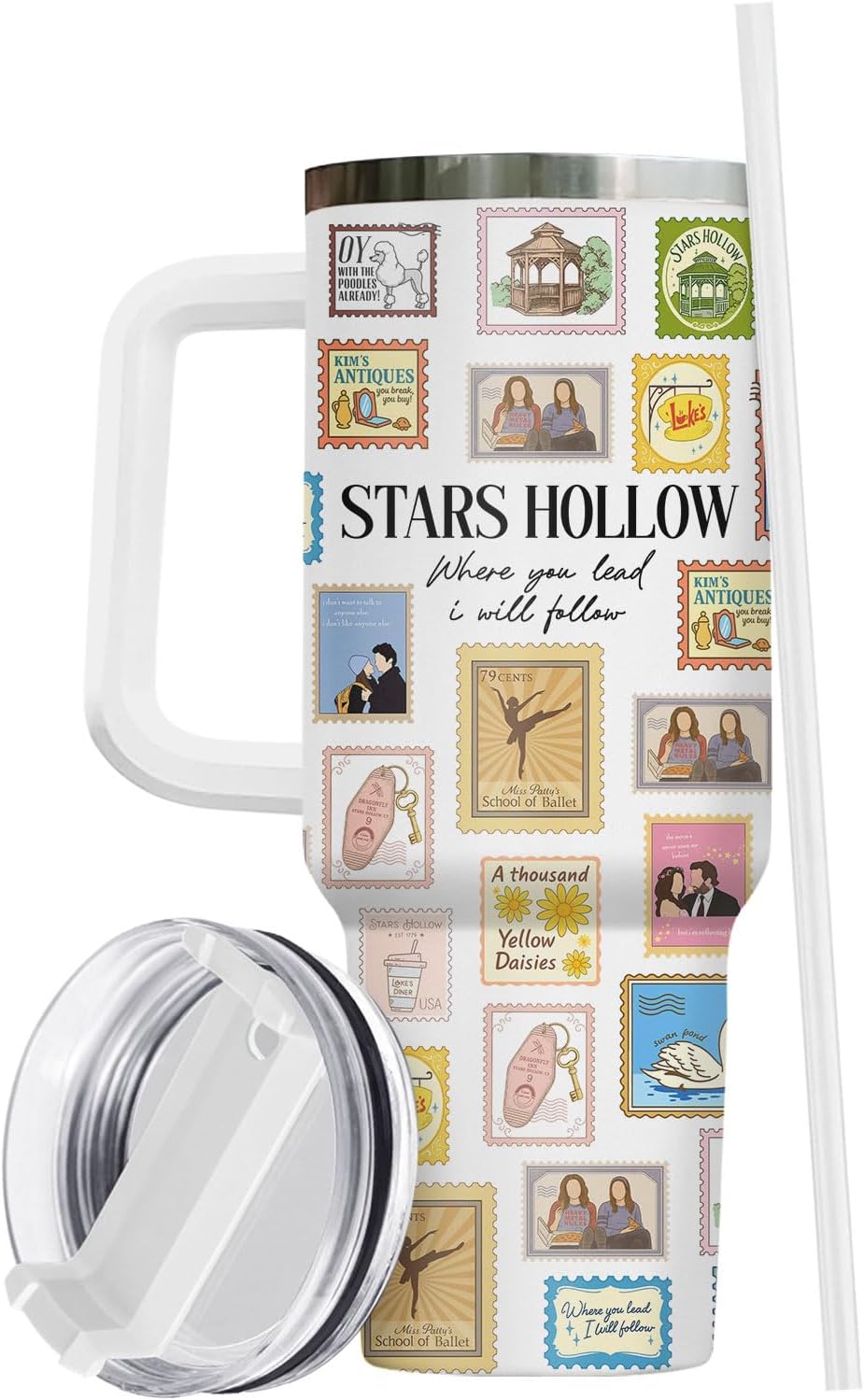 Small Town Coffee Tumbler 40oz With Handle And Straw, Insulated Stainless Steel Travel Cup, Water Bottle For Daily Use, Birthday Gift For TV Series Fans
