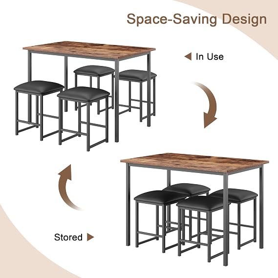 VECELO Dining Table and Faux Leather Chairs Set for 4, Brown