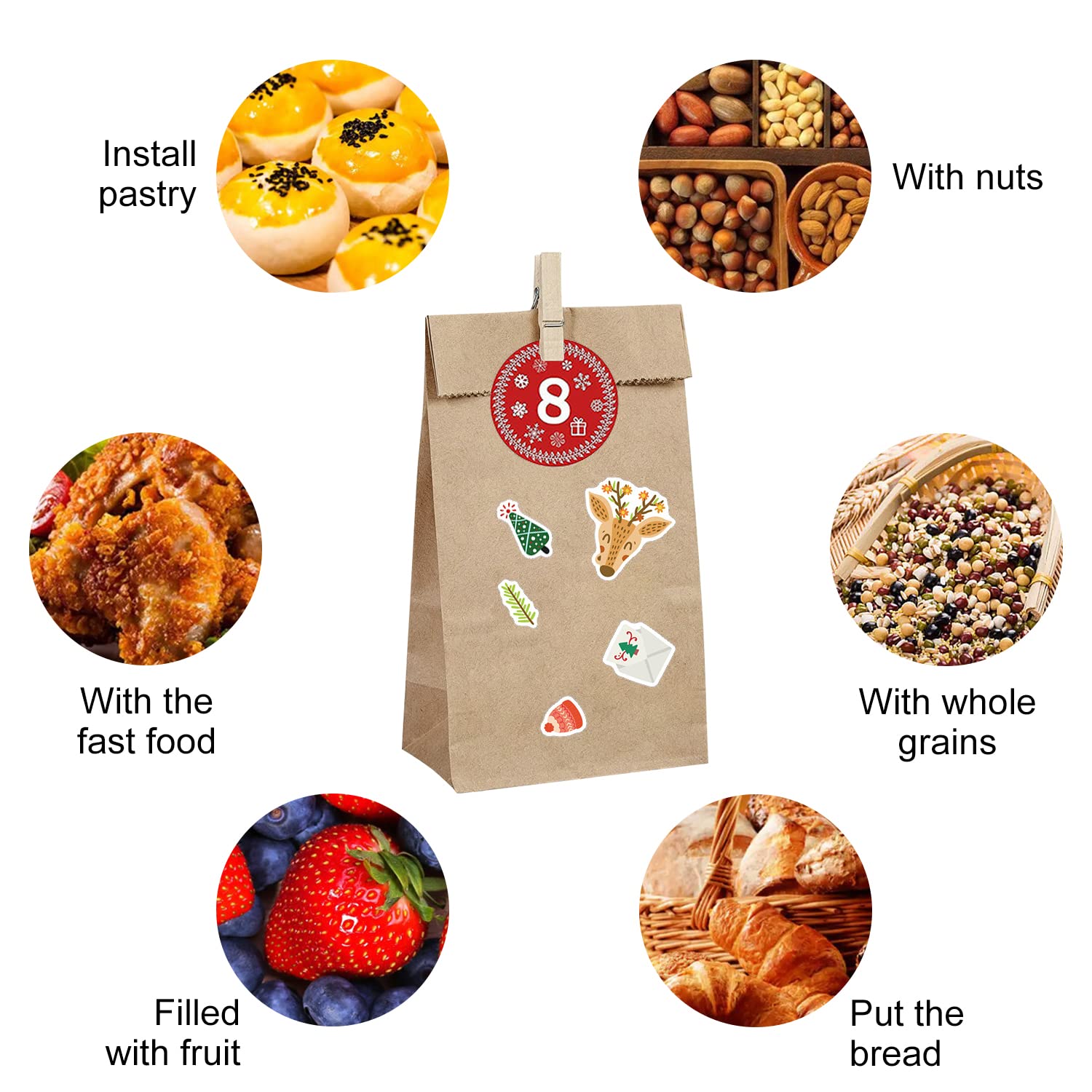 Pegatinas rellenables para calendario de Adviento 24 bolsas papel kraft navideñas números clips cordeles bricolaje