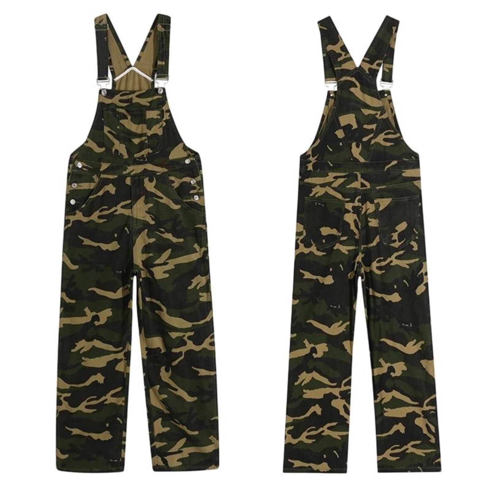 Męskie spodnie robocze w stylu Streetwear Camo Bib z prostą nogawką, spodnie robocze z zamkiem błyskawicznym i wysokim stanem