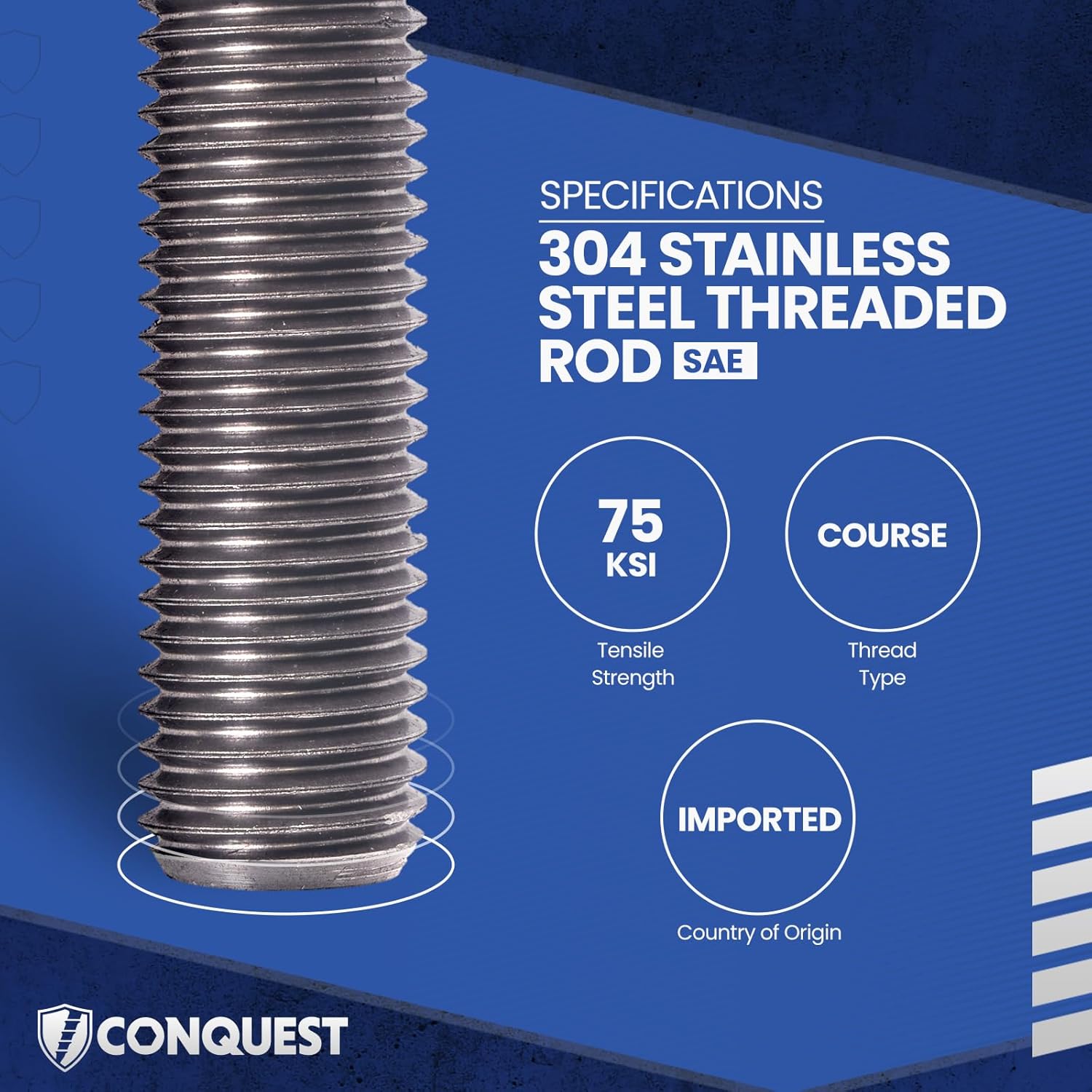 Fasteners Plus Type 304 Stainless Steel Fully Threaded Rod, 1/2" -13 Thread Size, 36" Length Right Hand Threads