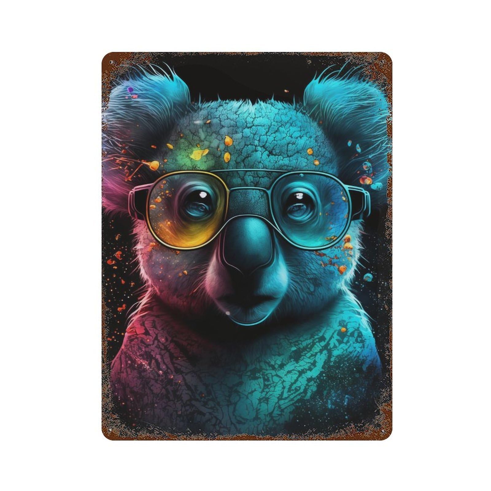 Colorful Koala with Sunglasses Weathered Tin Sign 15.7"x11.8", Farmhouse Wall Decor for Garage, Pub Or Kitchen