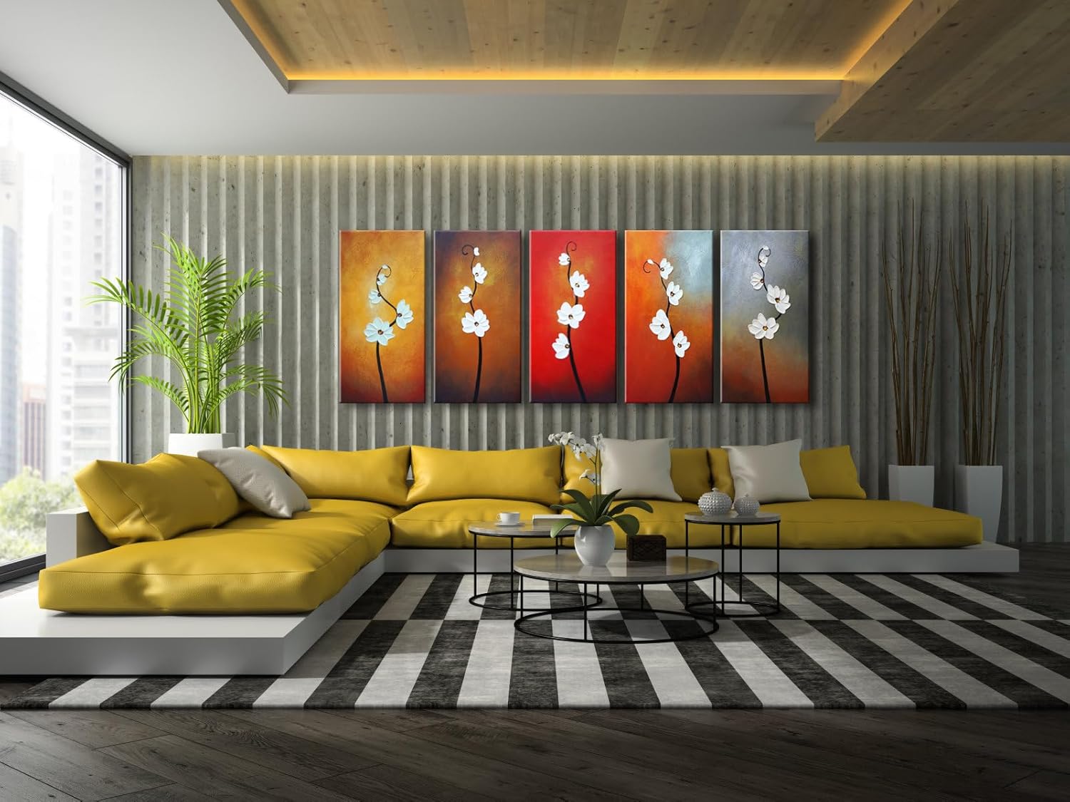 Wieco Art Large Modern Colorful Flowers Artwork 5 Piece 100% Hand Painted Framed Contemporary Abstract Floral Oil Painting on Canvas Wall Art Ready to Hang for Living Room Bedroom Home Decorations 16x32inchx5pcs (40x80cmx5pcs)