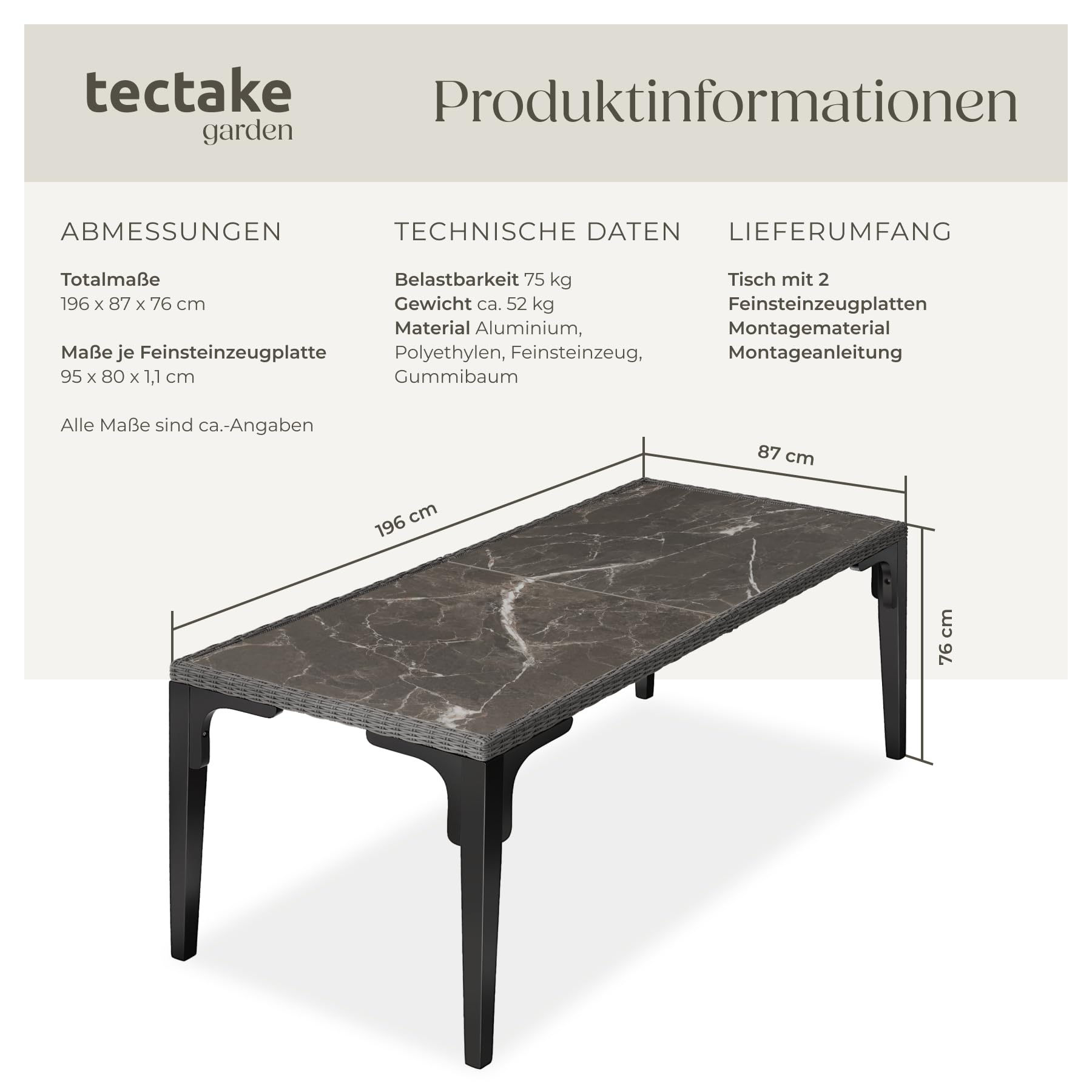 tectake® Alu Rattan Tisch, Esstisch für Outdoor Küche, Terrasse, Wohnzimmer mit Tischplatte in Marmor Optik, Gartentisch, Balkontisch 196 x 87 x 76 cm, 2 abnehmbare Platten, wetterfest - grau