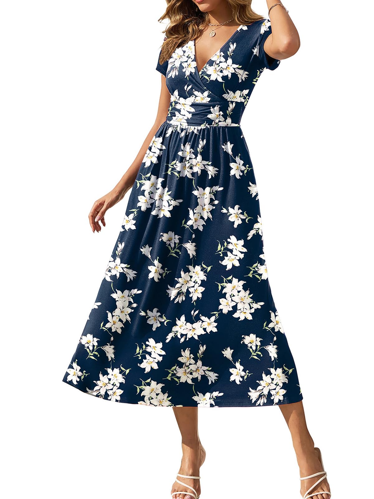 Gracyoga Women's Summer Dresses 2025 Short Sleeve Maxi Dress Casual V Neck Flowy Sundress with Pockets