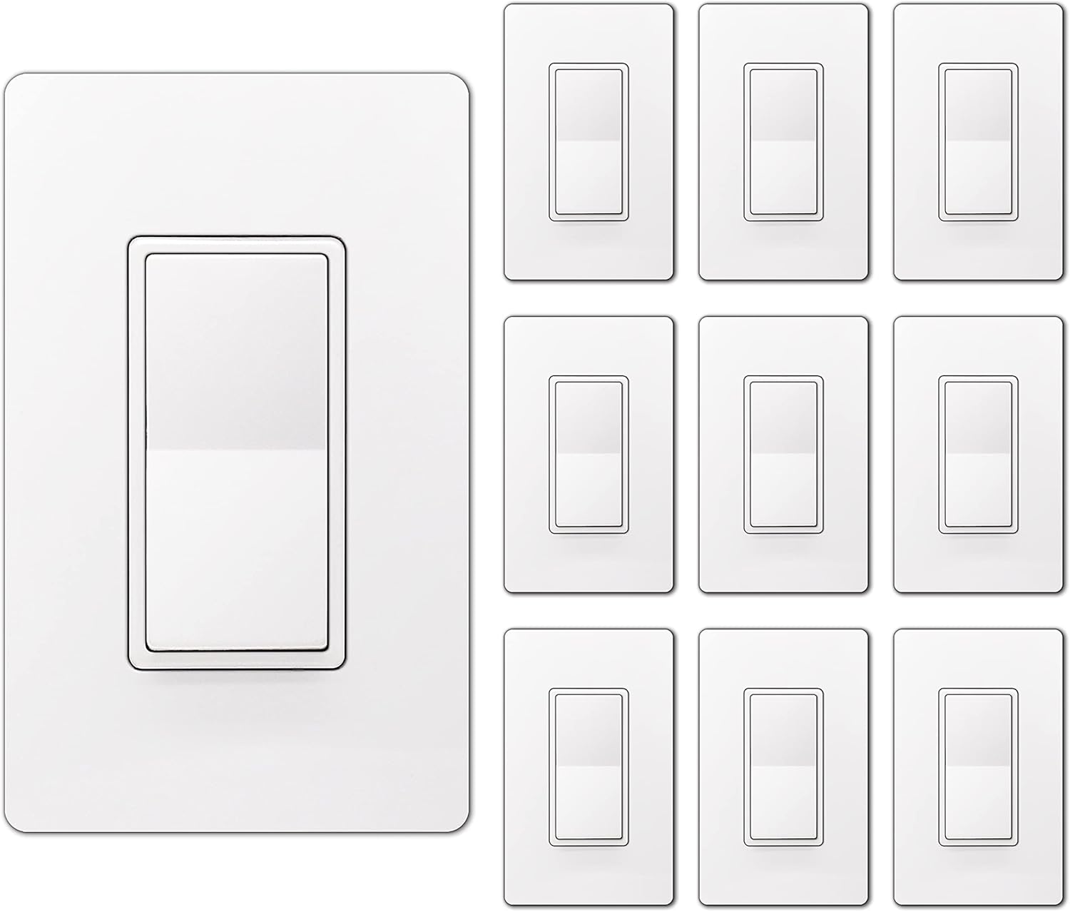 [10 Pack] BESTTEN Single Pole Decorator Wall Light Switch, 15A 120/277V, On/Off Paddle Rocker Interrupter, UL Listed, White - - 