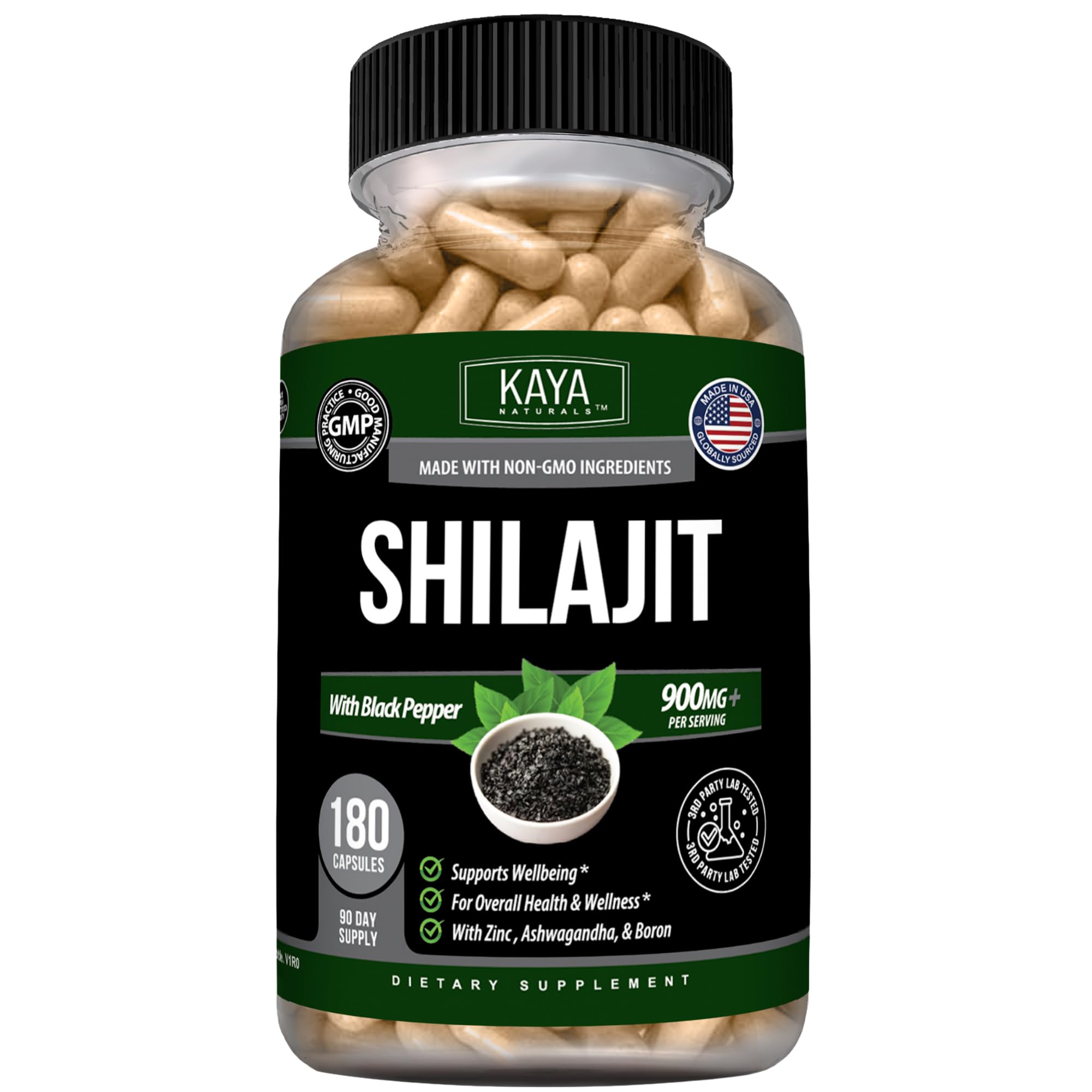 Kaya Naturals Shilajit 500 mg with Tongkat Ali & Ashwagandha, 180 Capsules