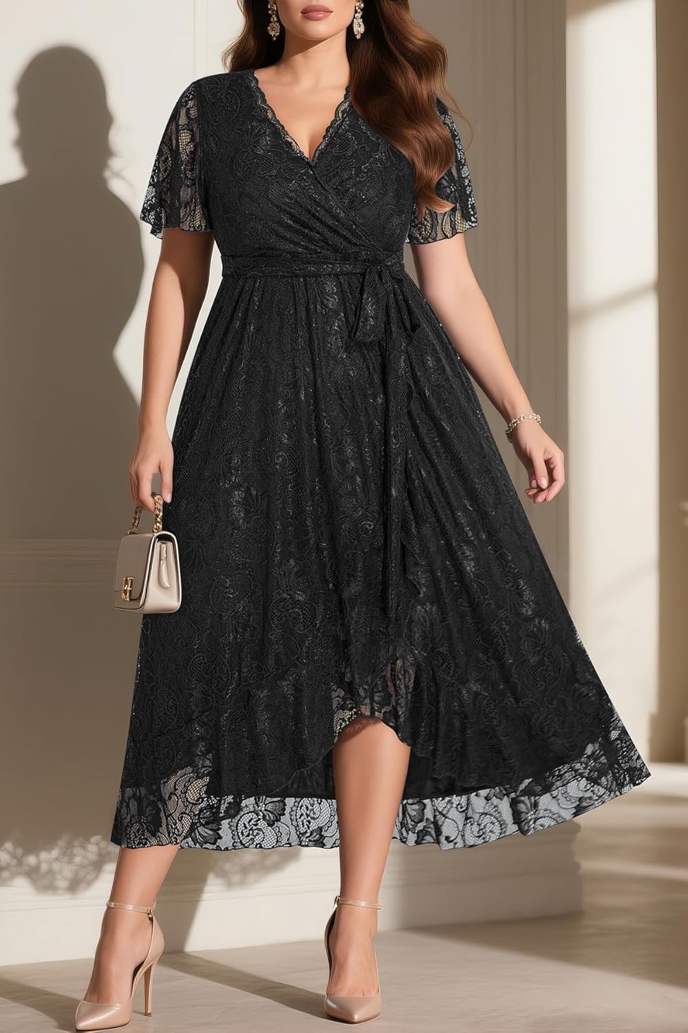 Plus Size Dresses Wedding Guest - Formal Cocktail Party Long Lace High Low Wrap V Neck Dress - Image 6