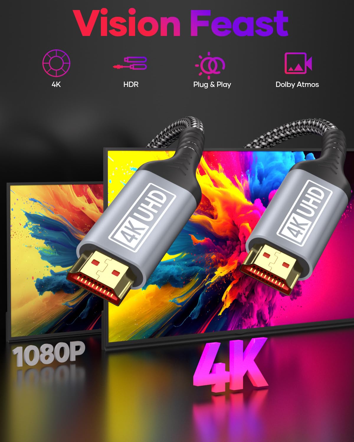 Cable HDMI 4K 10M, Ultra Câble HDMI 2.0 High Speed 18Gbps Support HDR, HDCP 2.2, Ethernet, 3D, ARC, Tressé en Nylon, Compatible avec Laptop, Monitor, PS5, PS4, Xbox, Fire TV, PC