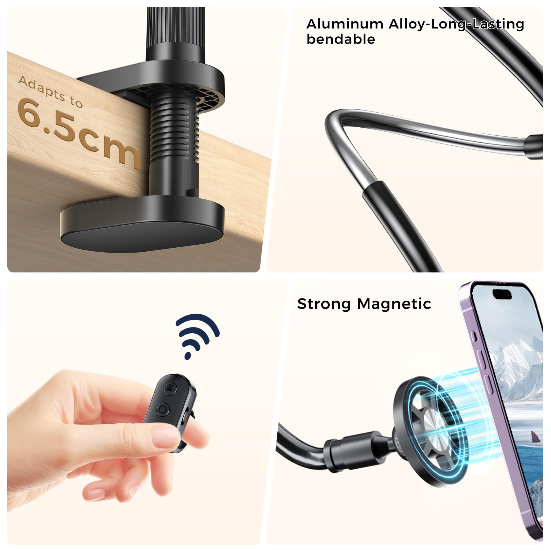 Supporto magnetico per telefono da letto sdraiato con girapagine, supporto per telefono cellulare a collo di cigno con clicker da lettura, braccio lungo flessibile a 360° con anello di