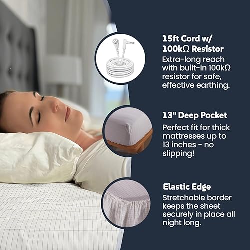 Miniatura 3 de Grounding - Sábana bajera ajustable con cable de conexión a tierra de 15 pies, tamaño individual, 5% fibra plateada y 95% fibra de algodón, sábana