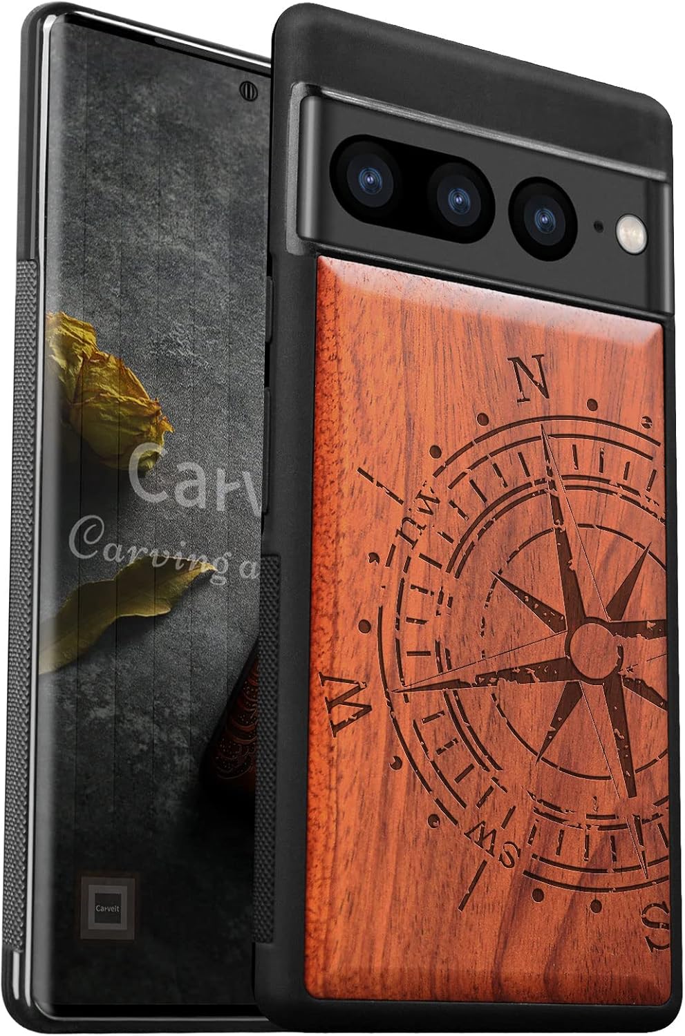 Carveit Wood Case for Google Pixel 7 Pro [Natural Wood & Black TPU] Shockproof Protective Cover (Blackwood, Vintage Compass)