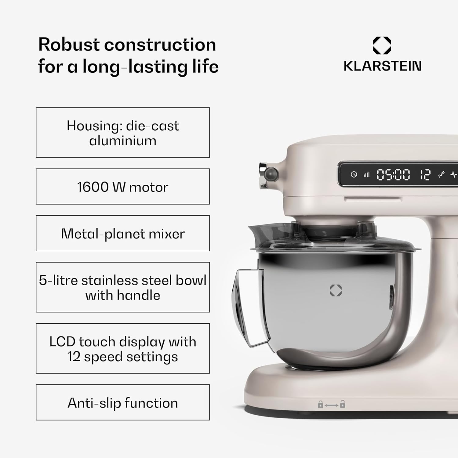 Klarstein Chiara Stand Mixer – 1600W, 5L Stainless Steel Bowl, 12 Speed Settings, LCD Touch Display, Quiet ≤72dB, Dishwasher Safe Patisserie Set, Die-Cast Aluminium Housing, Sand