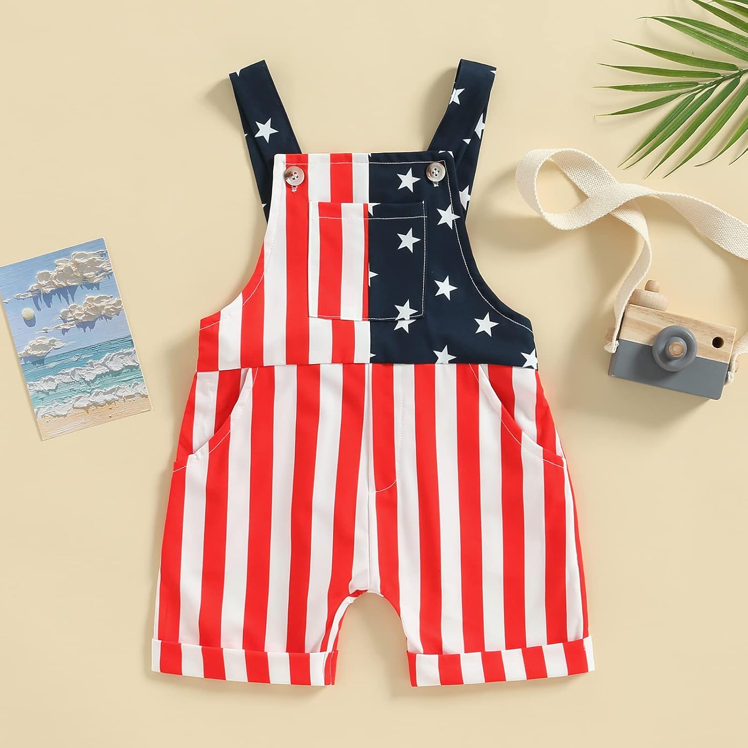 Ayalinggo 4th Fourth of July Baby Girl Boy Outfit American Flag Print Overalls Shorts Pocket Suspender Romper Clothes thumbnail