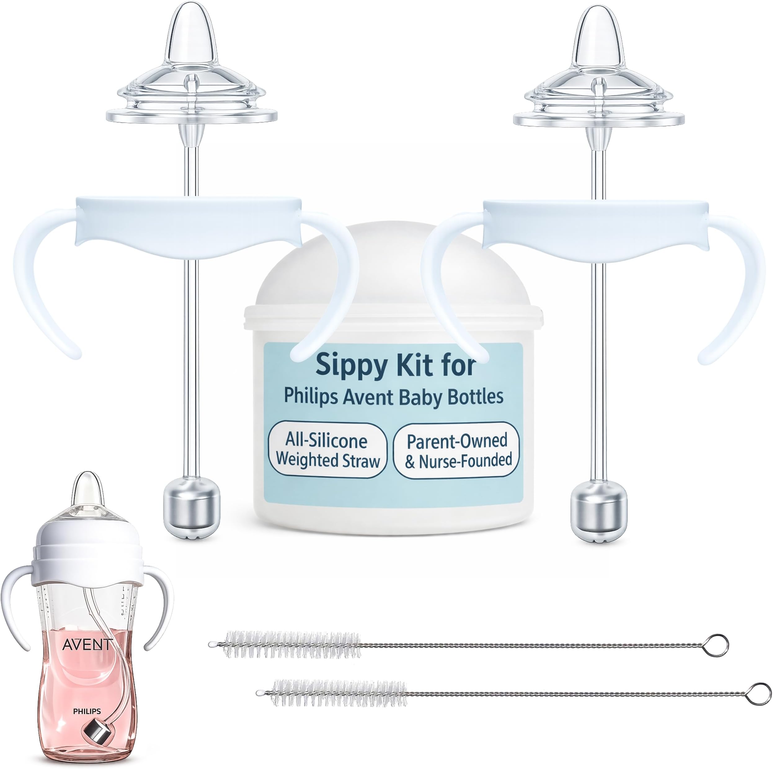 Sippy Cup Conversion Kit for Philips Avent Natural Baby Bottles 2-Count, Food Grade Silicone Spout Nipples and Weighted Straw, Bottle Handles, Cleaning Brush, BPA-Free, Straw Transition, 4+ Months