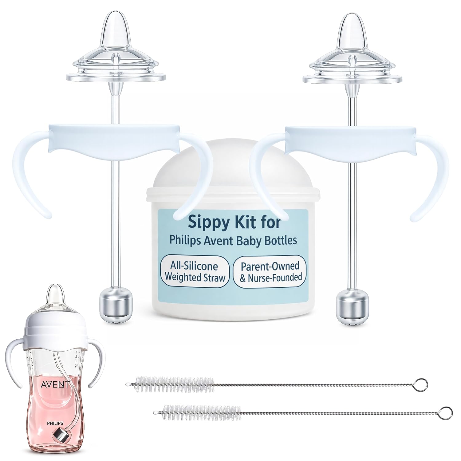 Straw Cup Conversion Kit for Philips Avent Natural Baby Bottles 2-Count, Food Grade Silicone Straw Nipples and Weighted Straw, Bottle Handles, Cleaning Brush, BPA-Free, Sippy Transition, 6+ Months