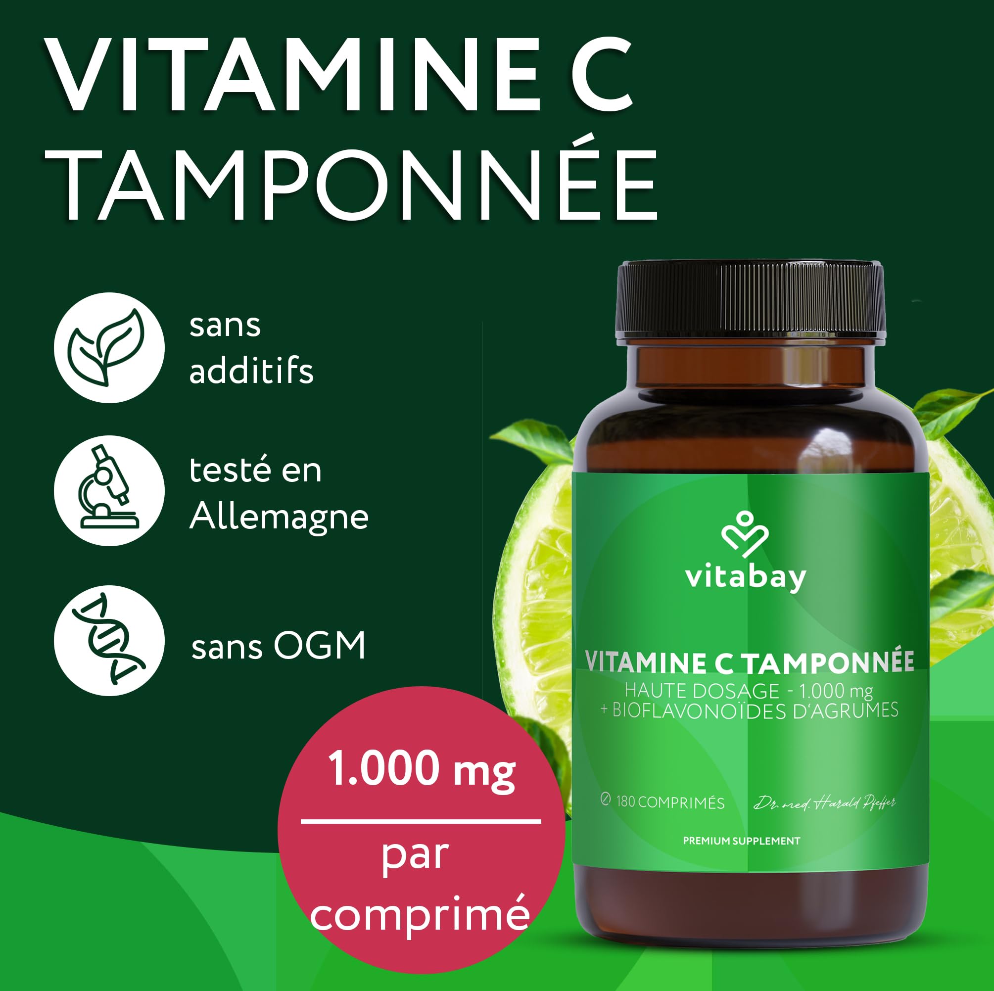 Vitabay Vitamine C 1000 mg - 180 Comprimés de Vitamine C Naturelle à Libération Prolongée - Végane sans Additifs et à Haute Dose - Vitamine C avec Bioflavonoïdes d'Agrumes - Vérifié en Laboratoire