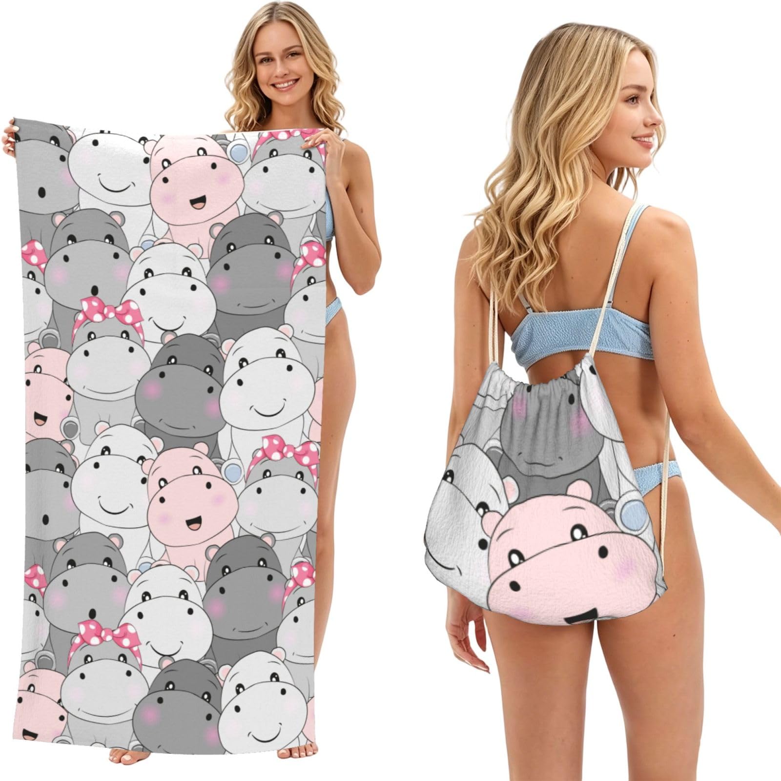 Poadnly Cute Baby Hippos, 2 in 1 Packable Towel Bag, Beach Towels with Drawstring Backpack for Travel Holiday Camping