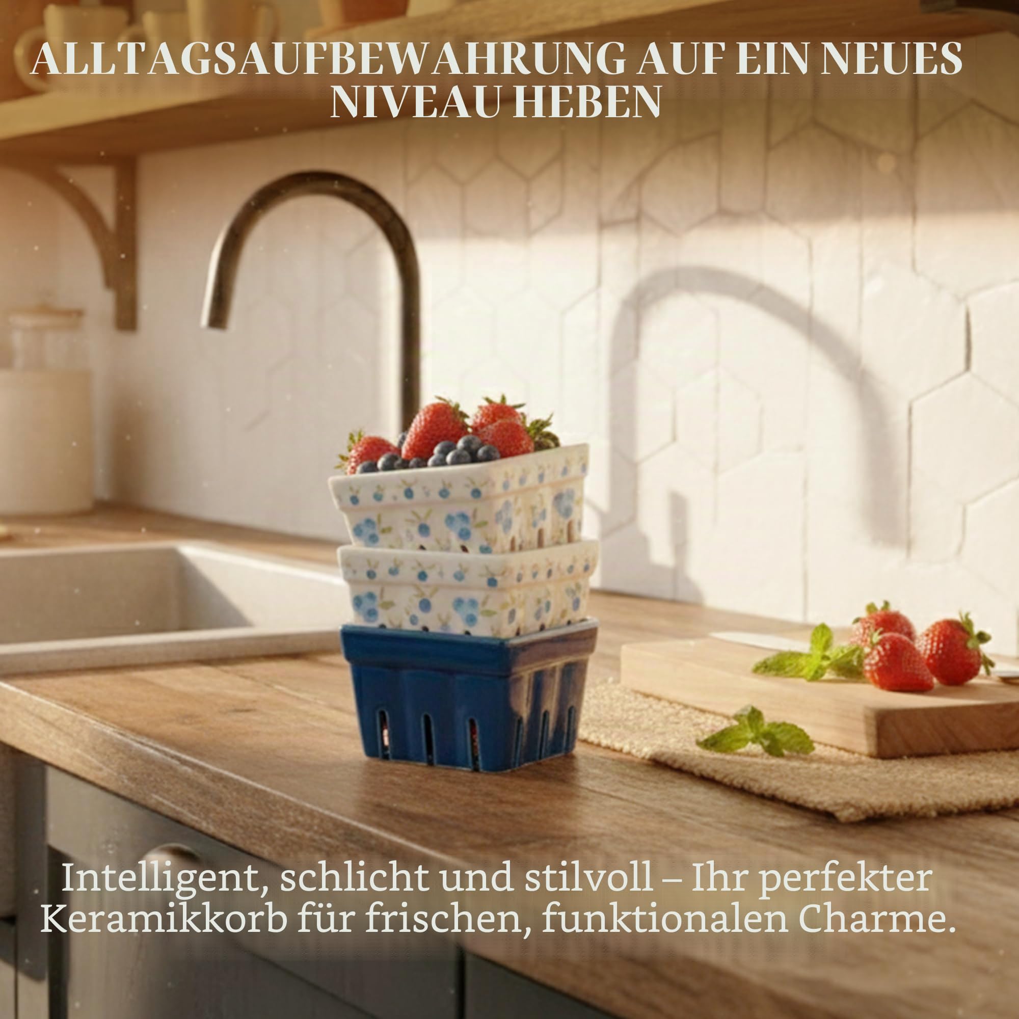 Farmhouse Keramik-Beerenkorb, Sieb, Farmers Market quadratische Schüssel rustikale Küchendekoration Obstschalen Obstkörbe Bleu Weiß und Blaubeere Muster Steingut Ernteschalen Set von 4 | Blaue, weiße und Blaubeer-Designs, Steingut, spülmaschinenfest, abtr