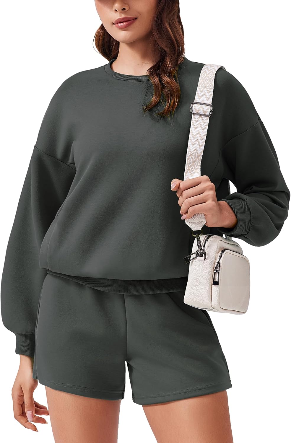 PINSPARK Two Piece Sets for Women 2024 Fall Outfits Sweatsuit 4 Pockets Sweat Short Sets Casual Matching Set Travel Tracksuit