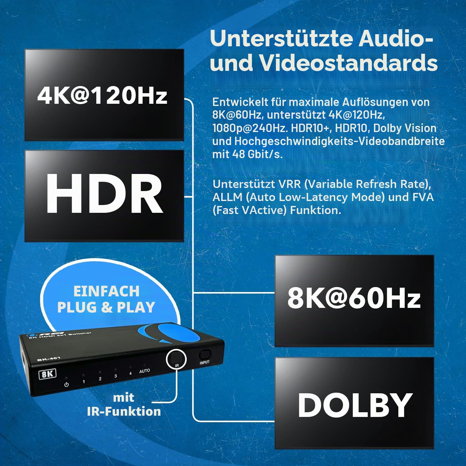 OREI 8K 4-Port HDMI 2.1 Switch, 8K @ 60Hz, 10.2 cm 1-Out 4K @ 120Hz, Auto Switch | HDMI Switcher 4 in 1 out, HDMI Switcher 4k 120hz, 48Gbps, HDR10, Dolby Vision, HLG, PS5/Xbox Ready