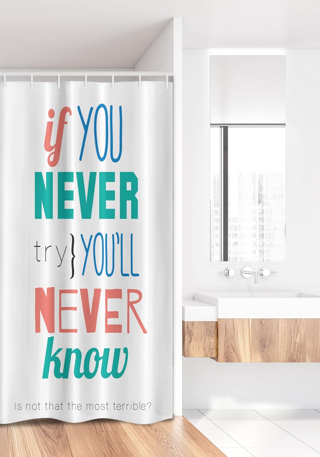 Ambesonne Saying Stall Shower Curtain, If You Never Try Youll Never Know Philosophy Inspiration Modern Sign, Fabric Bathroom Decor Set with Hooks, 36" W x 72" L, Coral Blue Jade Green
