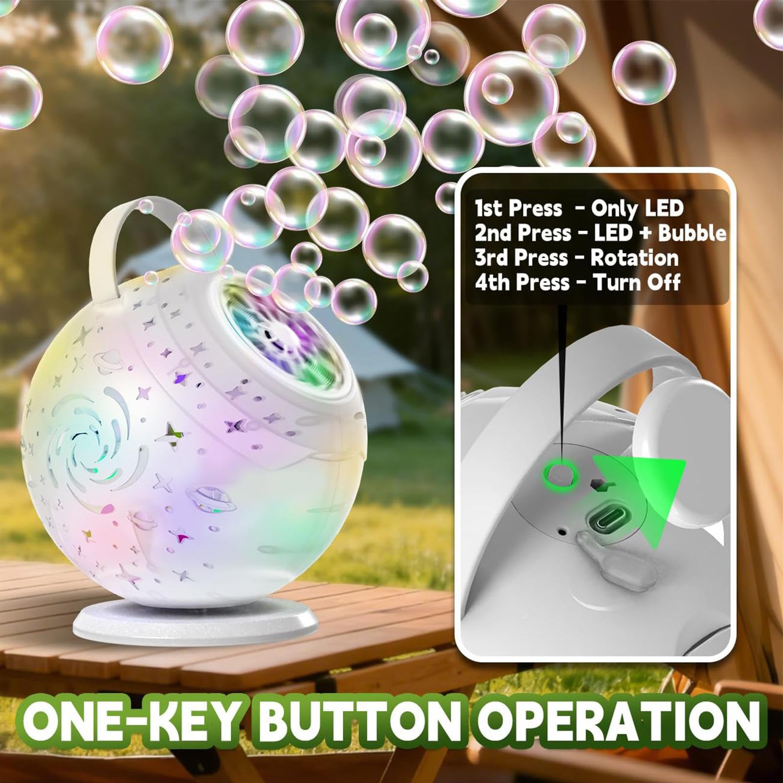 Macchina per bolle di sapone Ricaricabile con Rotazione a 360° e | Macchina per Bolle a 10 Fori per Bambini per Matrimonio Compleanno Giardino Esterno Regalo Bambini Ragazzi