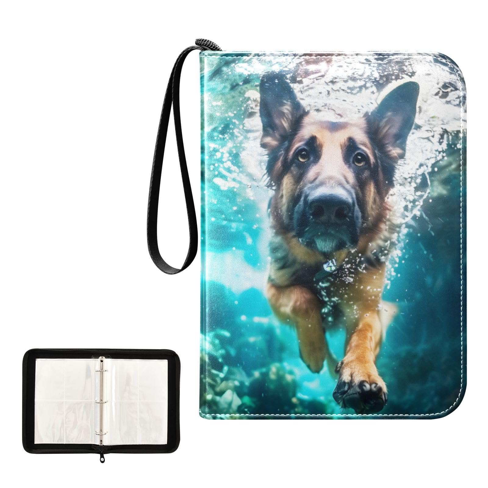 German Shepherd Dog Swimming Underwater Card Binder 4 Pocket Trading Card Binder Portable Cards Collection Book with Zipper