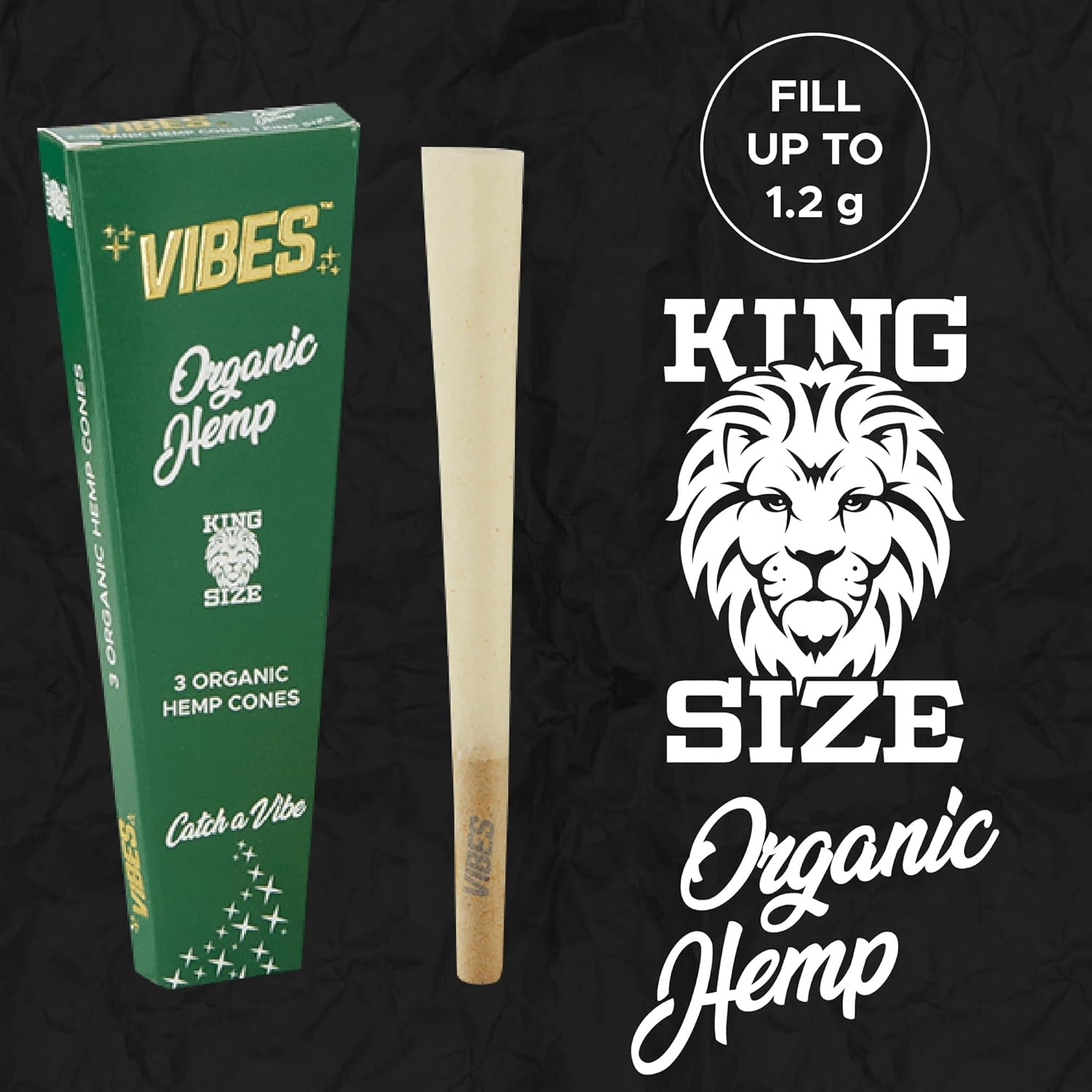 Vibes High-Quality Pre-Rolled Cones (90 Cones) - King Size Organic Hemp, 30-Pack Display Box, Chlorine-Free Technology, and Convenient Packing Tool Included