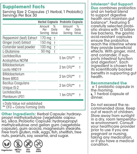 Miniatura 6 de Intoleran Gut Support Duo - Probióticos y mezcla de hierbas para la salud digestiva  Ayuda a aliviar la hinchazón ocasional, gases y molestias*  Sin