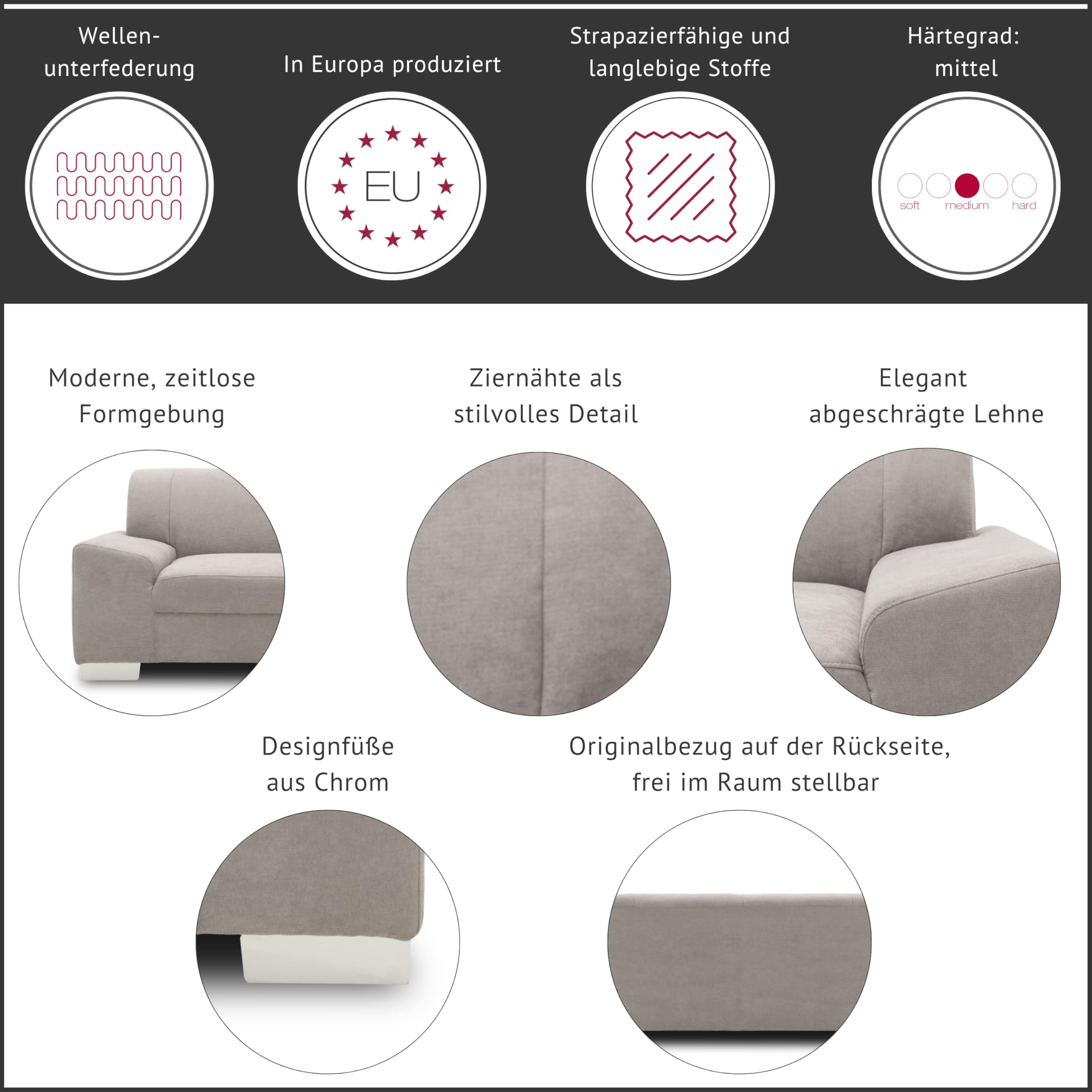 DOMO. collection Sofa Alisson, 3er Couch, 3 Sitzer, 3er Garnitur, Polstergarnitur 199 x 83 x 75 cm (BxTxH), in schwarz | 3 Sitzer aus Kunstleder mit Wellenfederung und Chromfüßen, 203 x 83 x 75 cm (BxTxH)