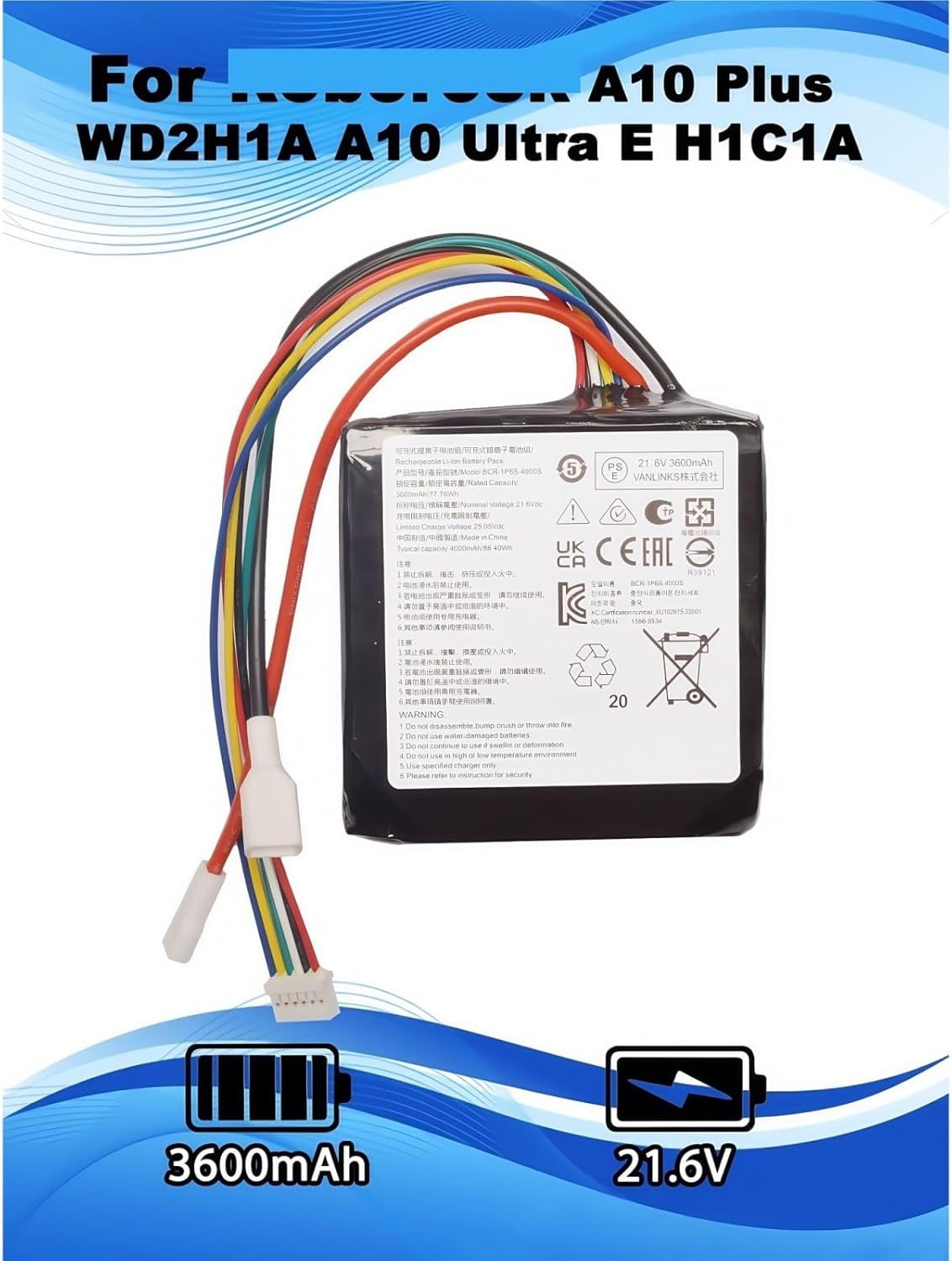 21.6V 3600mAh Replacement Battery Compatible With Roborock Dyad Air Wet Dry Dyad Pro Combo Vacuum Cleaner A10 Plus Ultra E H1C1A WD2H1A