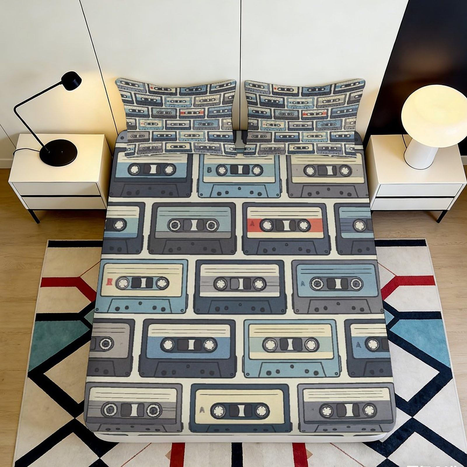 Jwndfkpvxzgl Style-7 3D Printed Retro Cassette Fitted Sheet Microfiber Anti-Slip Machine Washable Music Tape Bed Cover For Bedroom Dorm Decor 90X200x25cm