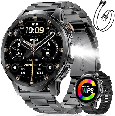 Montre Connectée Homme avec 1000mAh, LED Torche, 1,85″ Grande Écran Smartwatch avec Appel Bluetooth, 100+ Sportmodi, IP68 Étanche, Fréquence Cardiaque, Moniteur de Sommeil pour iOS Android