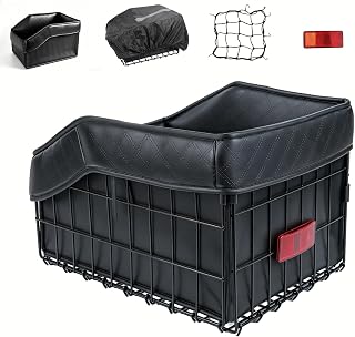Bike Basket Rear, Foldable Bicycle Basket with PU Liner, Waterproof Cover and Cargo Net, Rear Bike Baskets for Most Bikes - Black