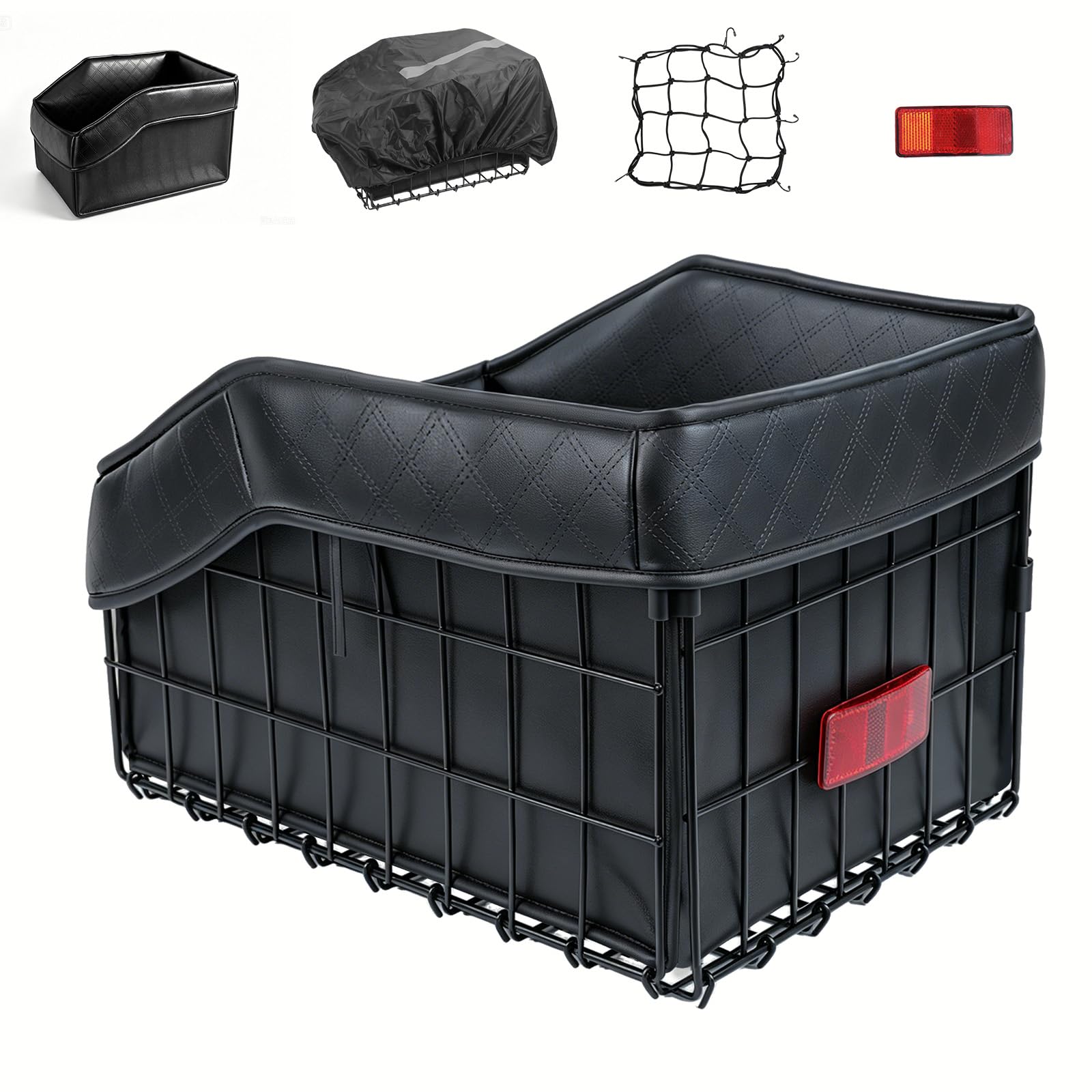 Cestino per Bicicletta Posteriore Portapacchi, Cestino Bici | in Metallo, 40 x 31 x 26 cm, Accessori Bici con Fodera in Similpelle PU Removibile, Rete e Copertura, Nero