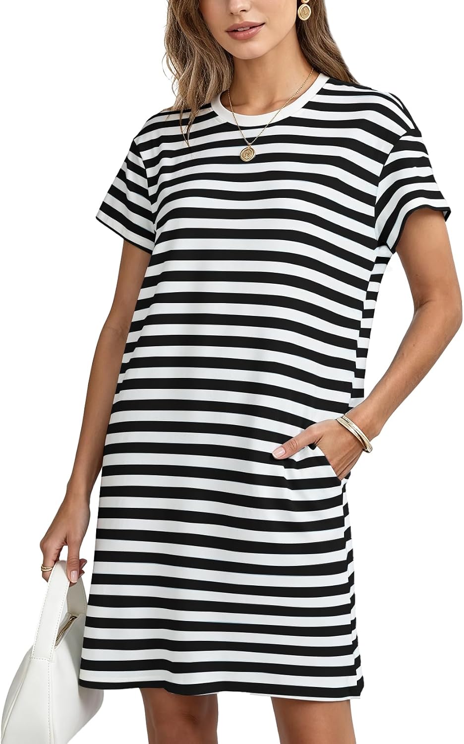 Flygo Womens Summer T Shirt Dress Cotton Striped Short Sleeve Crewneck Mini Dresses Casual Shift Short Dress with Pockets