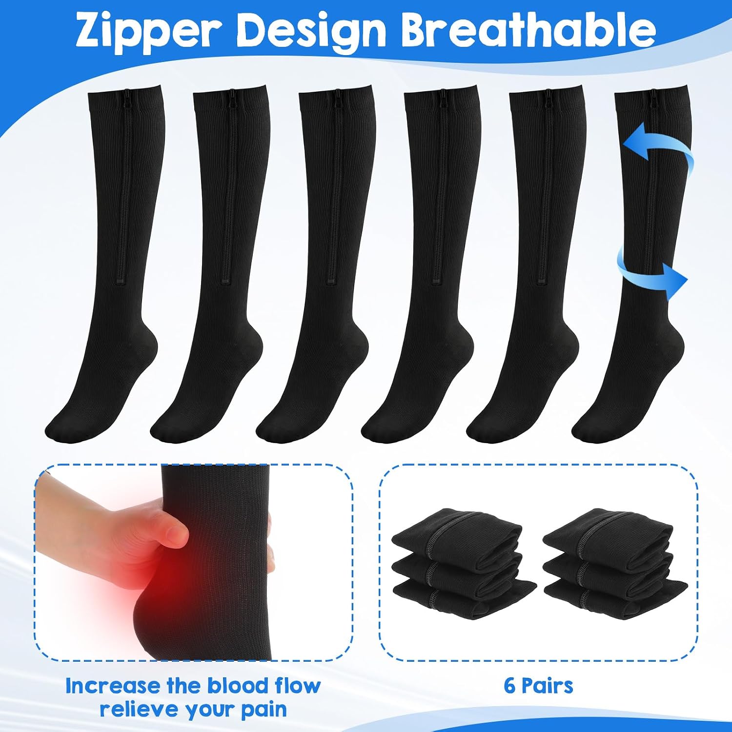 Kifmurase 6 Pairs Zipper Compression Socks, Knee High Compression Stockings for Women & Men, Closed Toe 15-20mmhg Calf Knee High Stocking for Swelling Edema