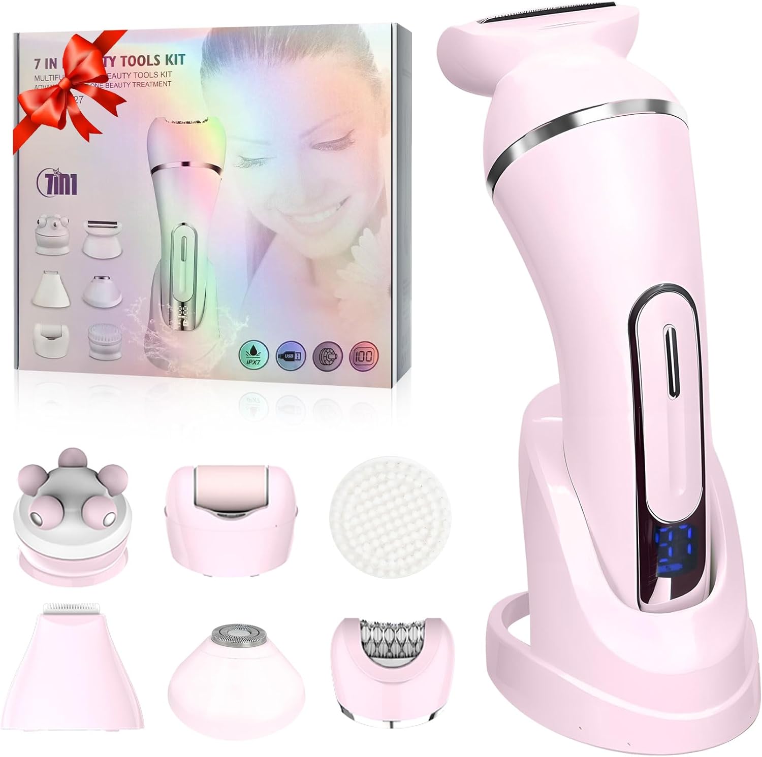 3.0 Women Face Epilator, 7-in-1 Rechargeable Facial Hair Remover with LED Battery Display, Facial Shaver for Face, Eyebrow, Nose Trimmer (Pink)
