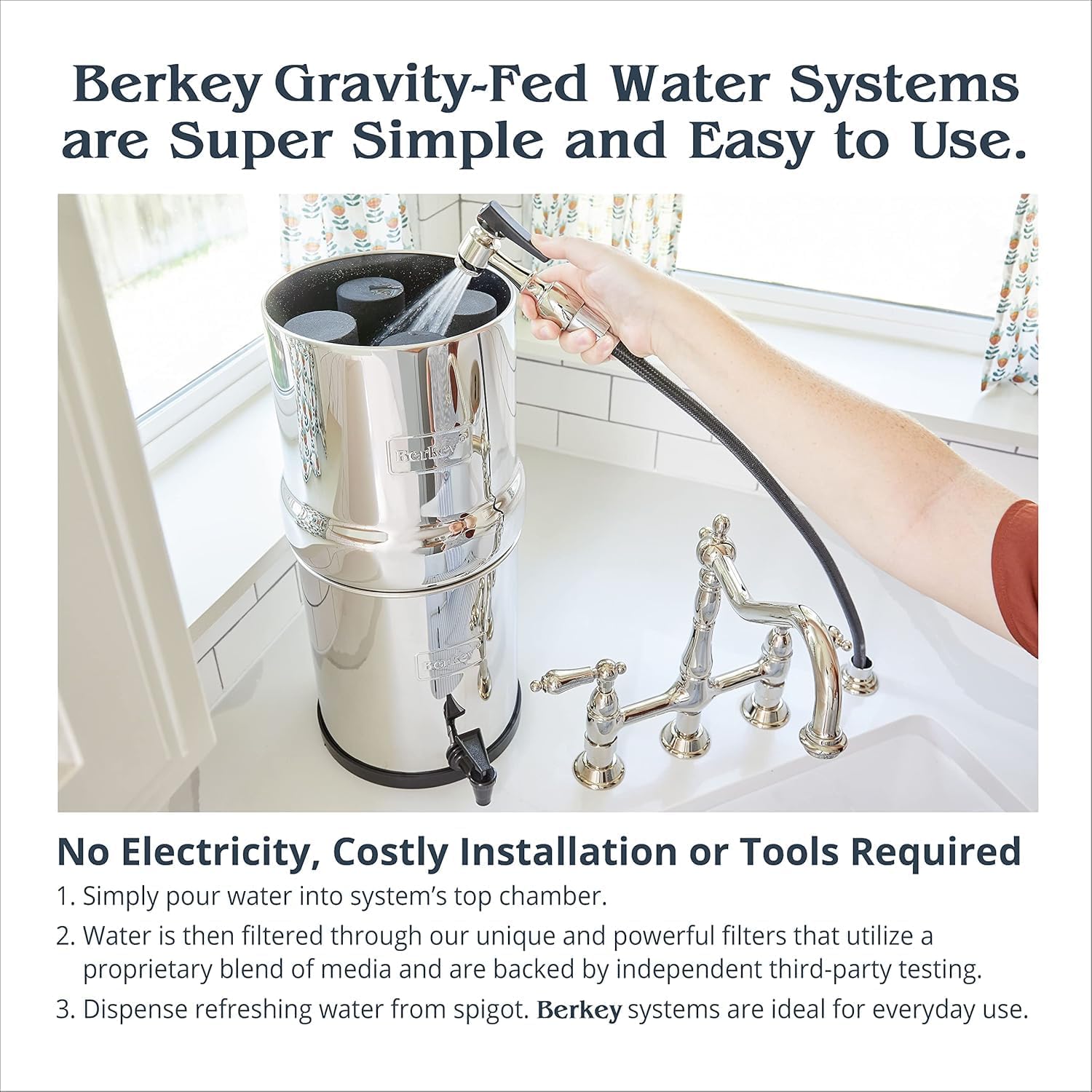 Berkey grawitacyjny system filtrowania wody na blacie z stali nierdzewnej 2,25 l z 2 czarnymi elementami