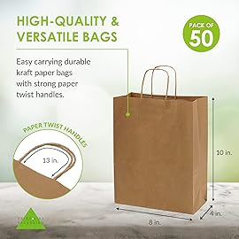 Prime Line Packaging Kraft Paper Bags, Brown Gift Bags with Handles, Small Craft Shopping Bags in Bulk for Boutiques, Small Business, Retail Stores, Gifts & Merchandise, Brown, 8x4x10, 50 Pack