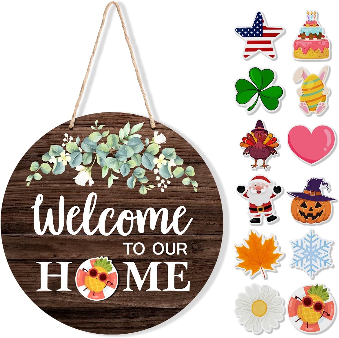 Interchangeable Welcome Sign Summer Patriotic Front Door Decoration, 4th of July Rustic Wood Wreath Wall Hanging Porch Decor, Welcome to Our Home Sign for Spring Fall Winter All Seasons Holiday