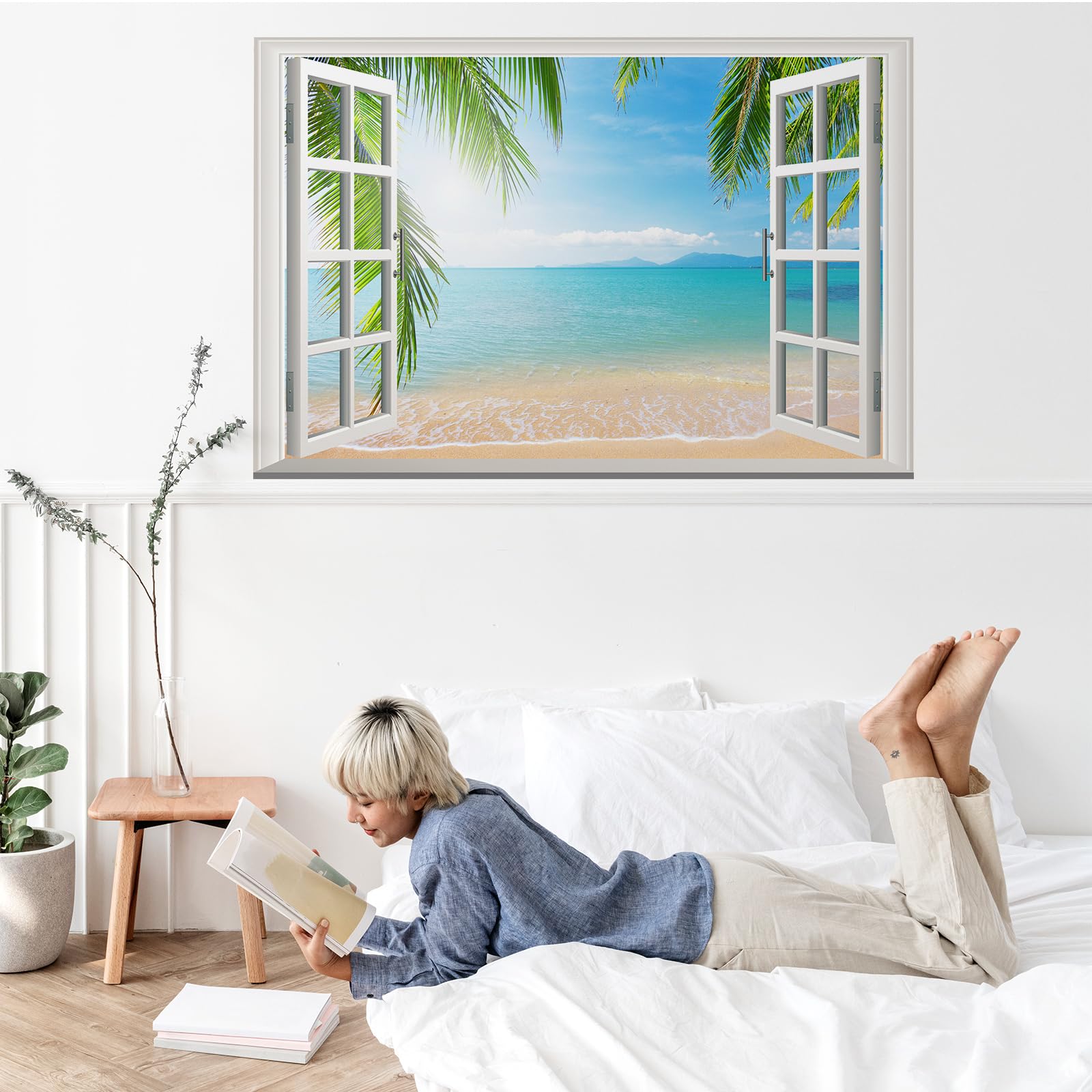 Calcomanía de pared de ventana falsa 3D de paisaje marino, océano azul y palmera, calcomanía de pared de paisaje creativo, calcomanías de pared de vinilo extraíbles para sala de estar, dormitorio,