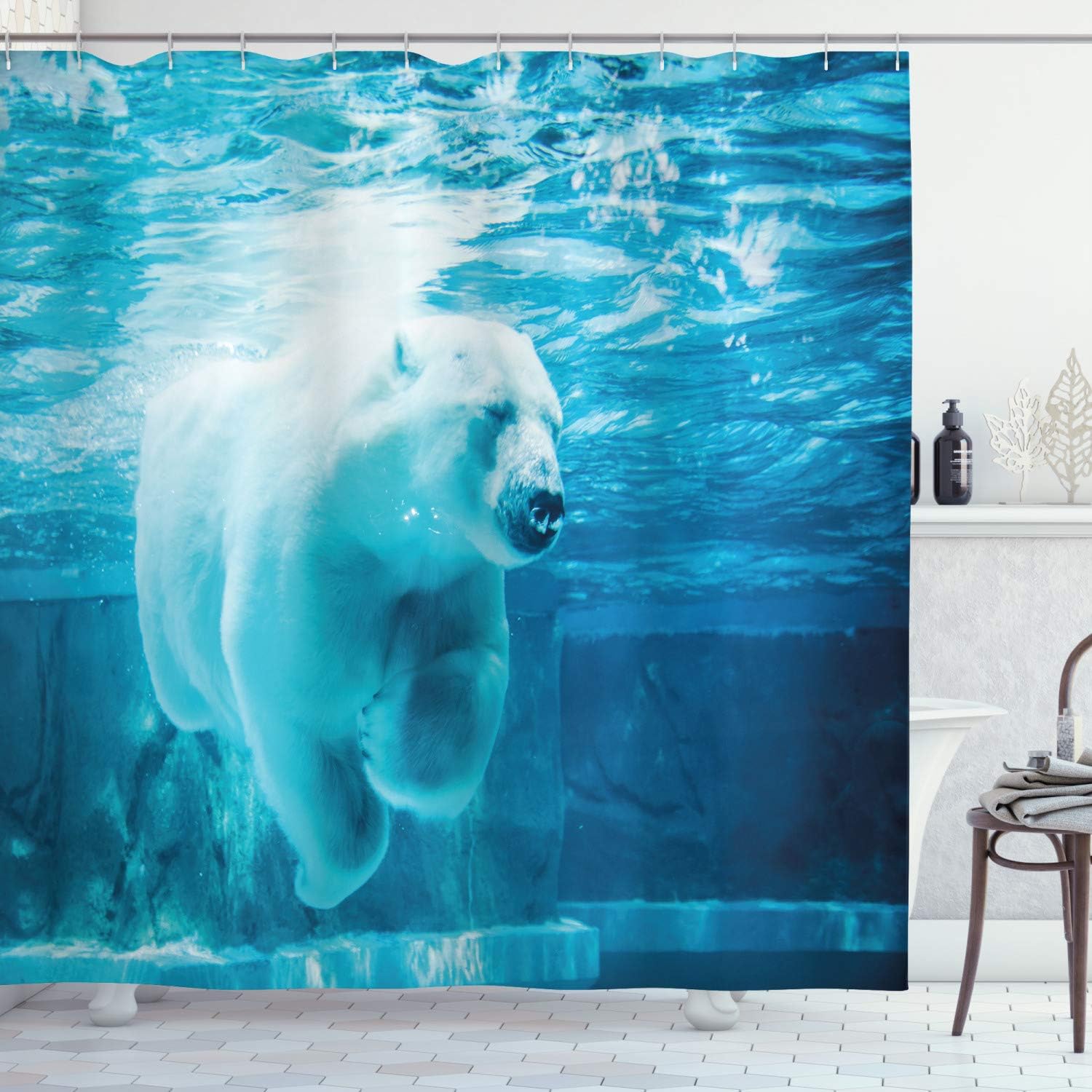 Ambesonne Bear Shower Curtain, Arctic Polar Bear Dipping into Water Swimming Ursus Maritimus Underwater View, Cloth Fabric Bathroom Decor Set with Hooks, 69" W x 75" L, Blue Pale Blue