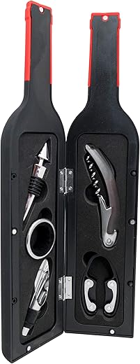 Vin Bouquet FI 566 Set Juego de Regalo para Vino (Incluye Corcho, vertedor, Tapones, Cortador de Papel de Aluminio y Anillo de Gota, Color Negro, Original), Metal, negro