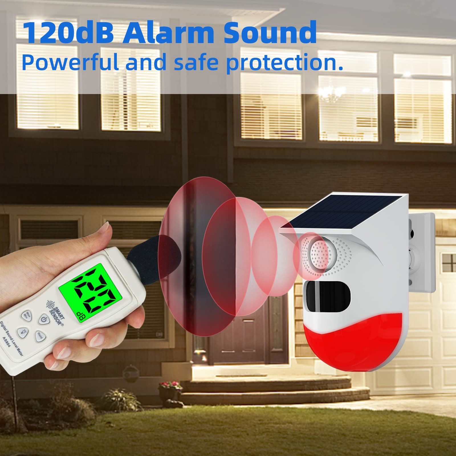 maxant - Alarma de luz estroboscópica de sonido solar con detector de movimiento y control remoto, detector de alarma estroboscópica audible de seguridad para el hogar, 120 dB, luz de sirena de
